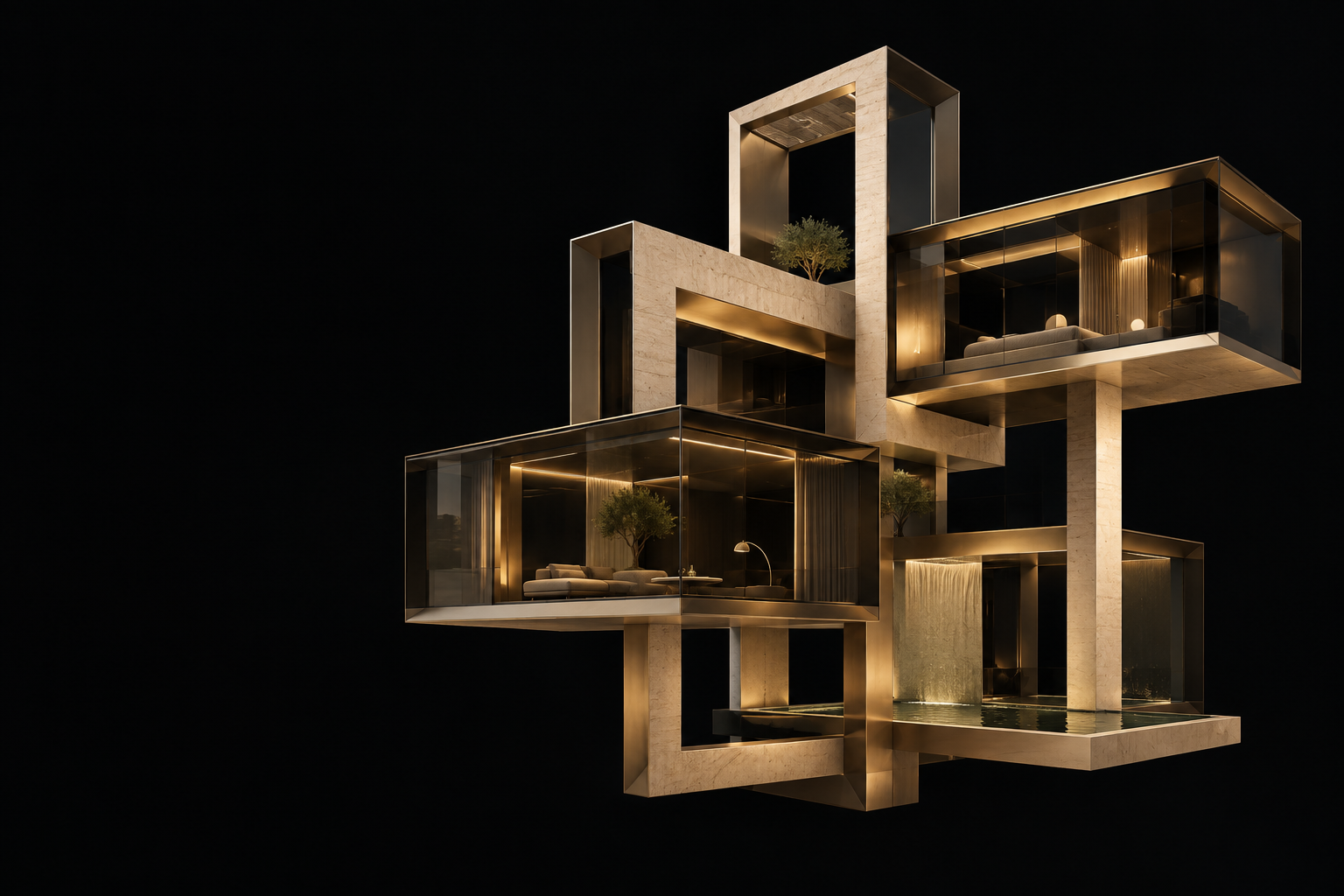 Architectural sculpture in travertine, glass and warm metal